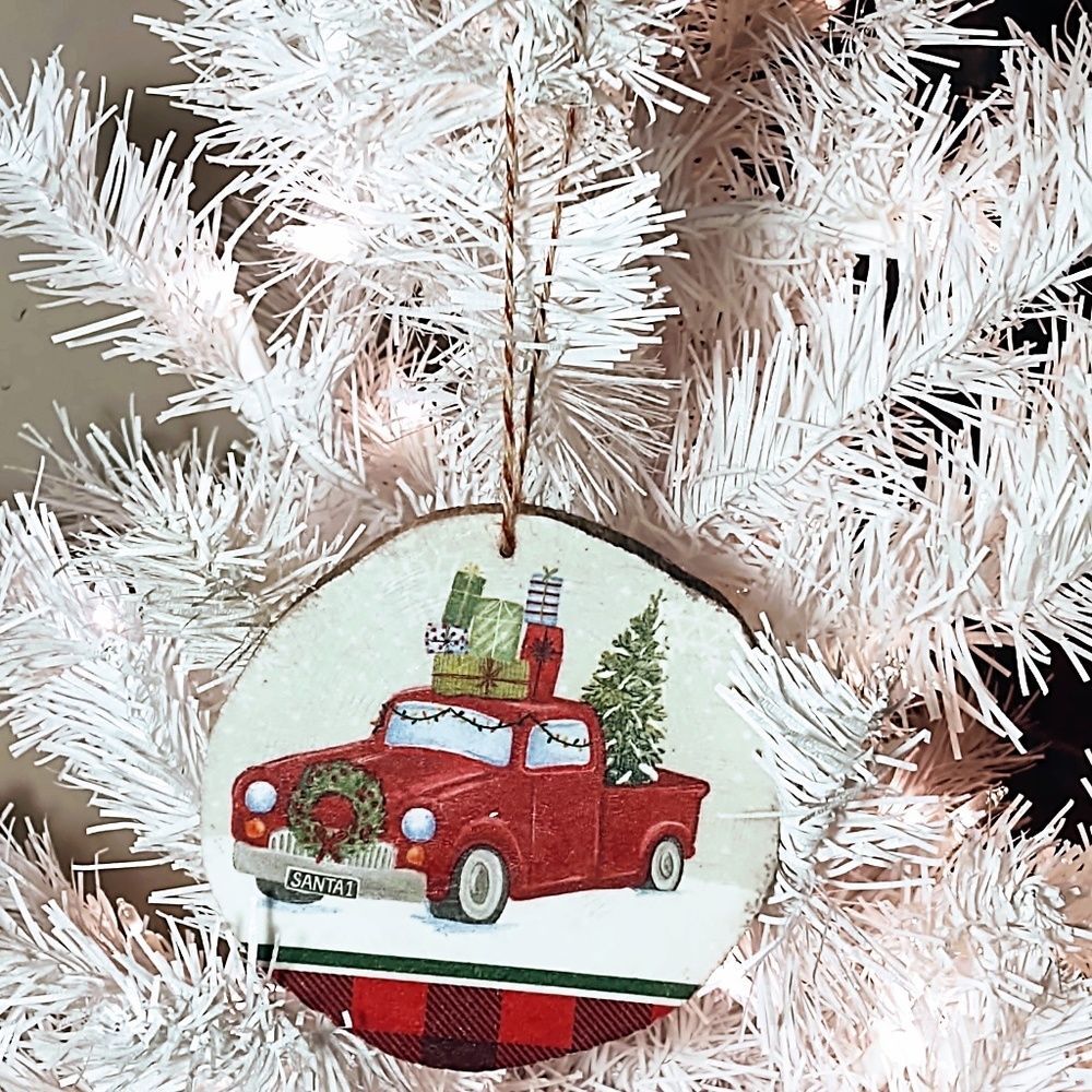 Hand Crafted Decoupage Wooden Christmas Ornament/Vintage Decorated Red Truck